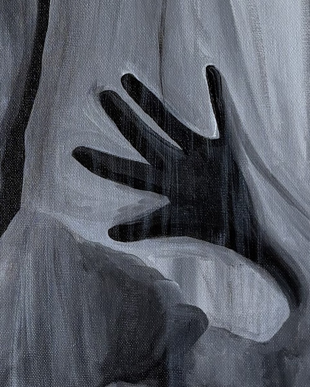 Behind the Curtain, detail of the dark hand pressed to the glass