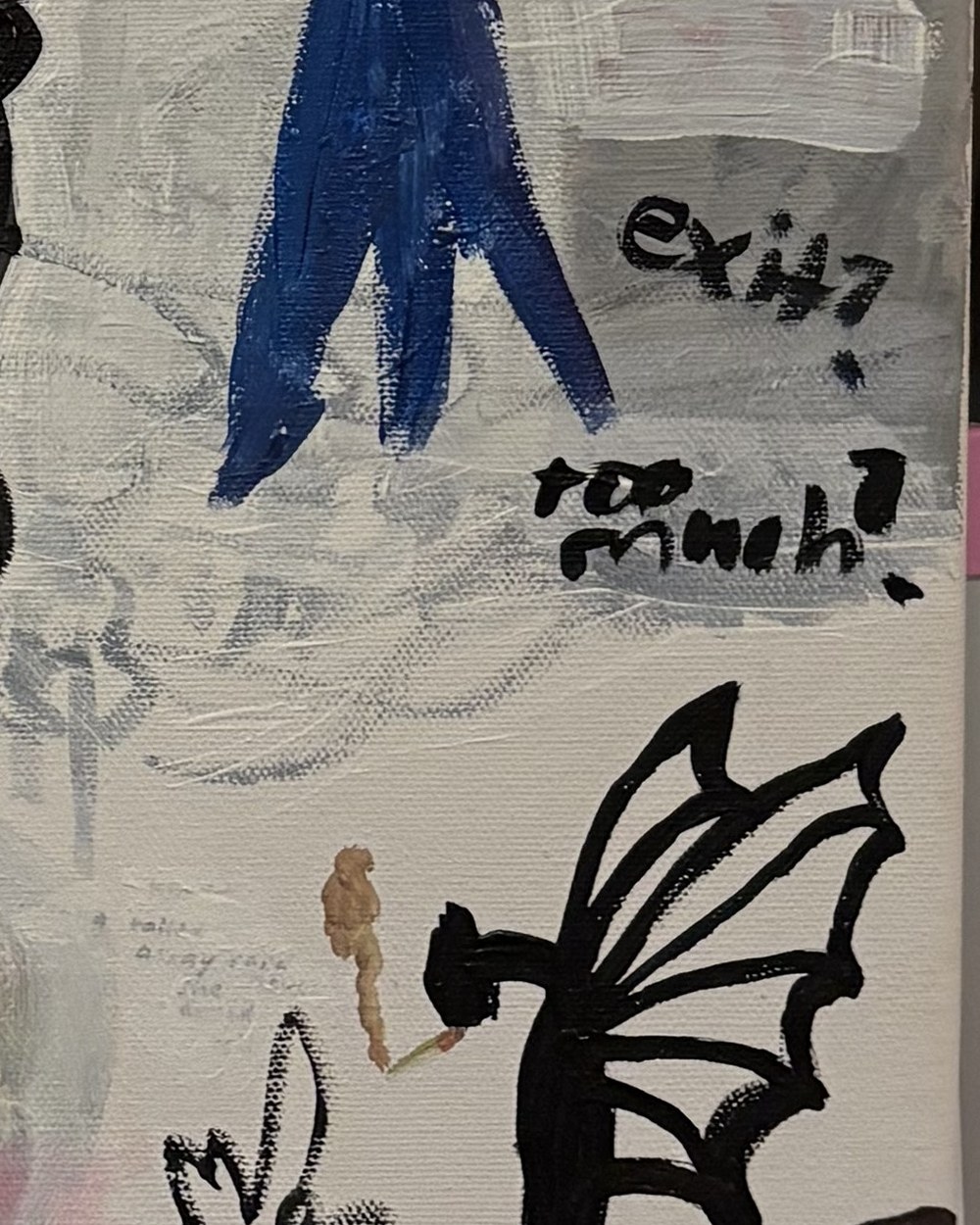 Exit? Too Much?, detail of the words exit and too much and the winged figure