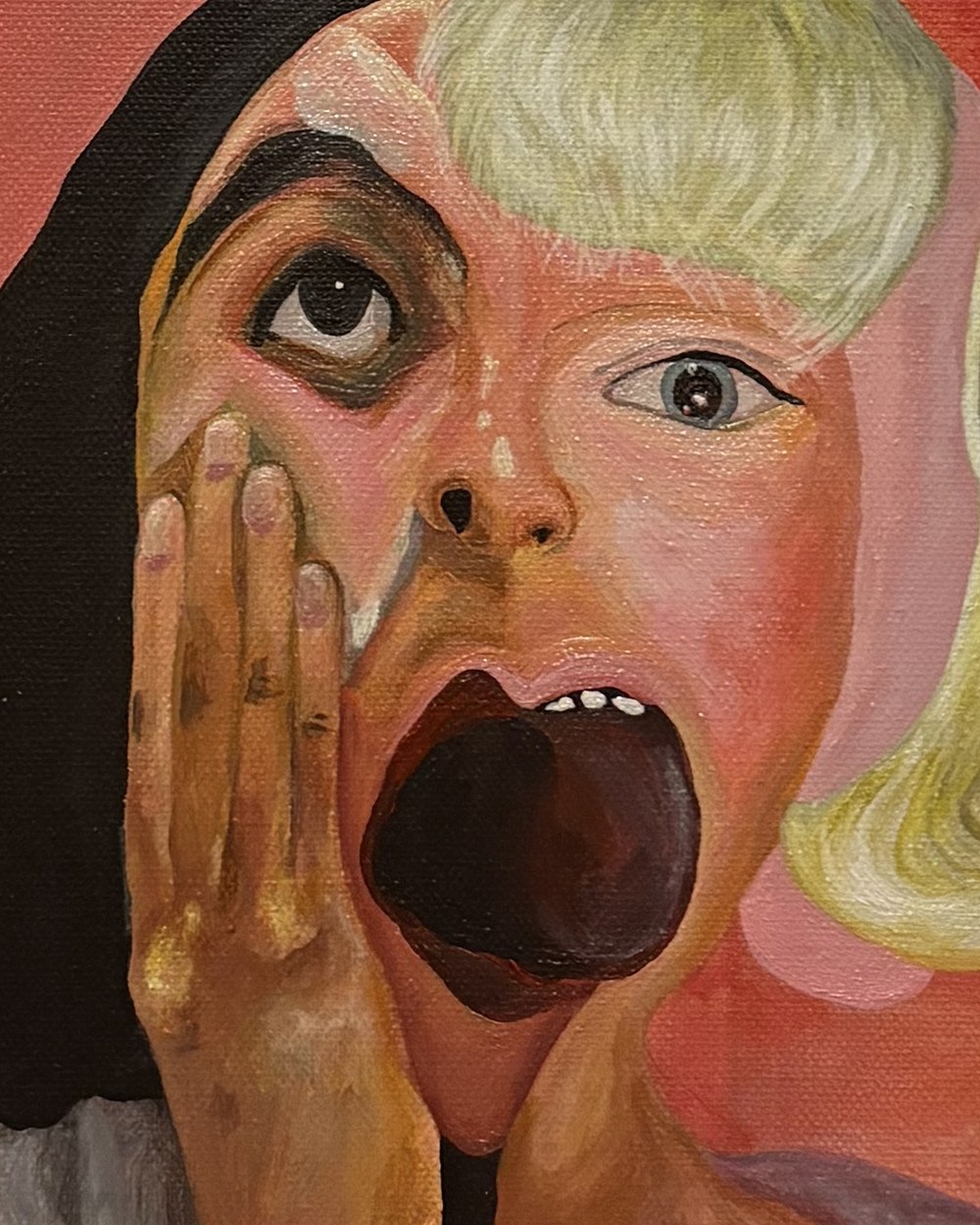 The Caregiver, detail of the open mouth and raised hand
