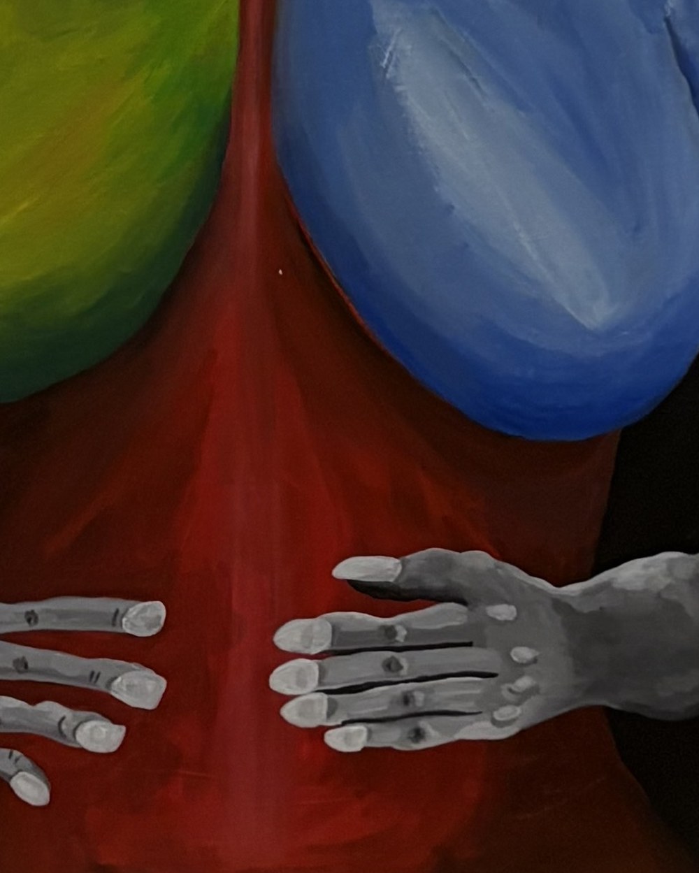 The Lover, detail of the grey hands resting on the red body